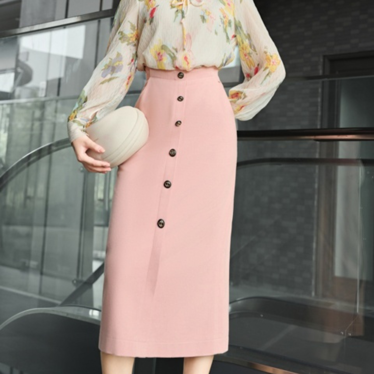 Elegant Floral Chiffon Midi Dress – Long Sleeve Feminine Office Dress