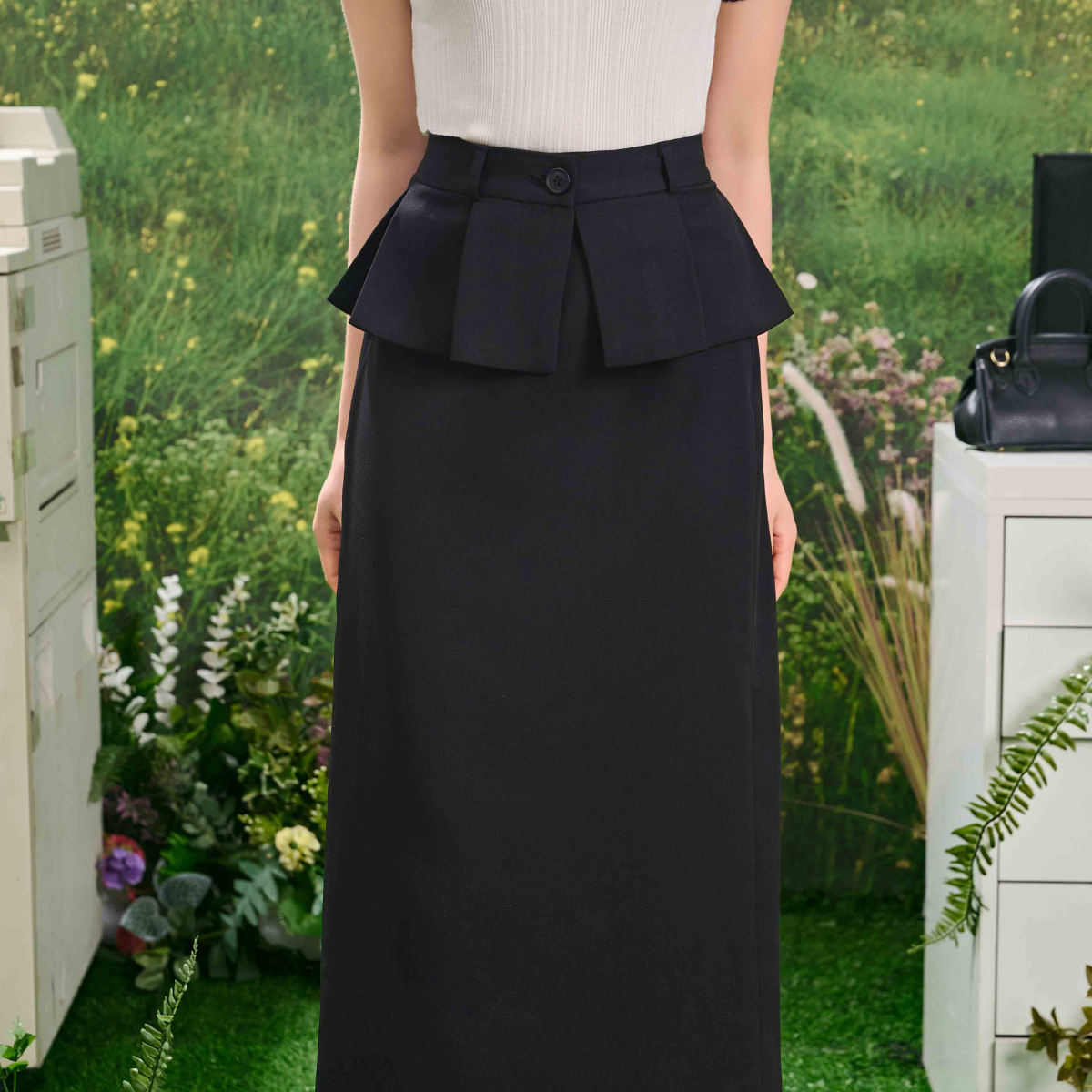 Elegant High-Waist Peplum Midi Skirt – Classic Structured Office Skirt