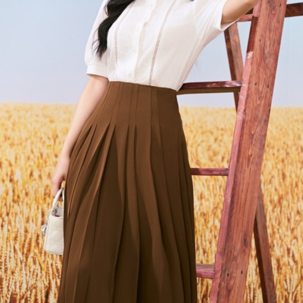 Elegant High-Waist Pleated Maxi Skirt – Classic Flowing A-Line Skirt